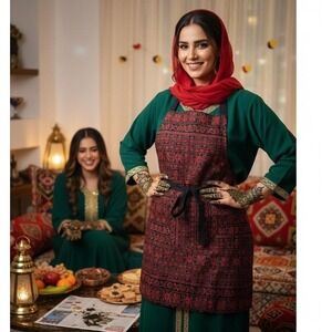 Embroidered Apron Red Black tatreez middle East henna night party Pattern Pocket